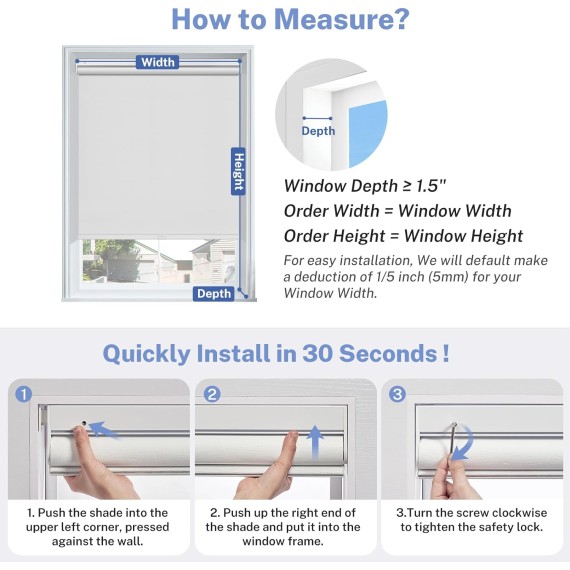 Cordless Roller Shades for Windows No Drill Blackout Roller Blinds with Thermal Insulated Waterproof Pull Down Blackout Blinds for Home Office (Blackout - White)