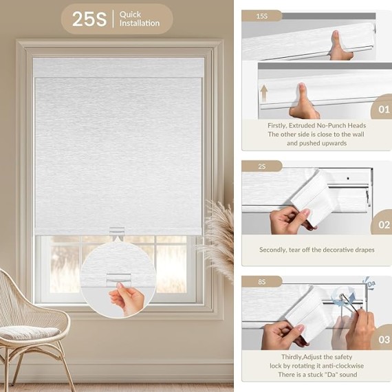 No Drill No Tools Blackout Light Filtering Roller Shades for Windows,Cordless Roller Blinds,Thermal Insulated,UV Protection,Window Shades for Home Office Door,Blackout-White,30" W x 60" H