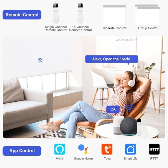 Motorized Roller Blinds with Remote Control for Windows, Blackout Smart Blinds Compatible with Alexa Google via Converter Customized Size, Rechargeable Electric Window Shade with Valance