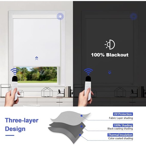 Motorized Roller Blinds with Remote Control for Windows, Blackout Smart Blinds Compatible with Alexa Google via Converter Customized Size, Rechargeable Electric Window Shade with Valance