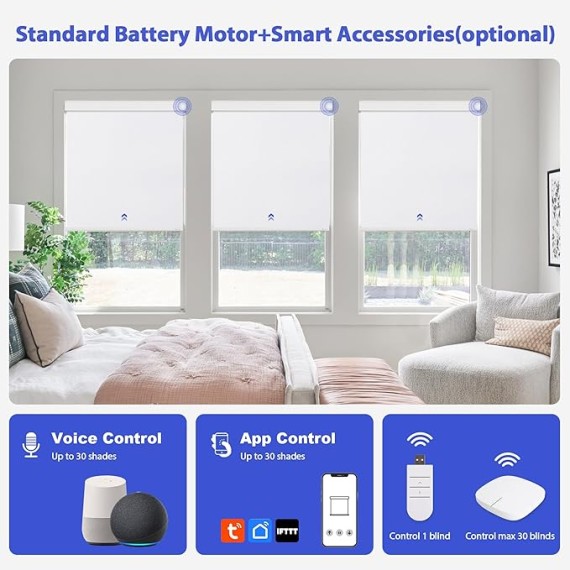 Motorized Roller Blinds with Remote Control for Windows, Blackout Smart Blinds Compatible with Alexa Google via Converter Customized Size, Rechargeable Electric Window Shade with Valance