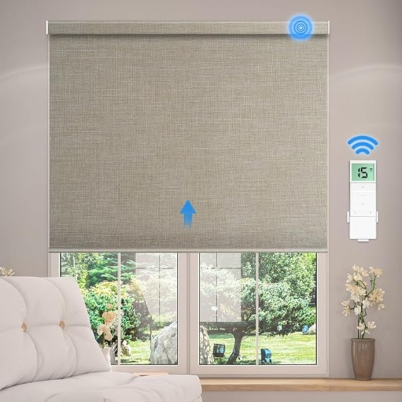 Motorized Blackout Roller Shade Fabric Covered Valance and Bottom Rod, Remote Control Electric Window Blind Compatible with Alexa Google via Hub, Custom Size (Dark Coffee - Wrapped Fabric)
