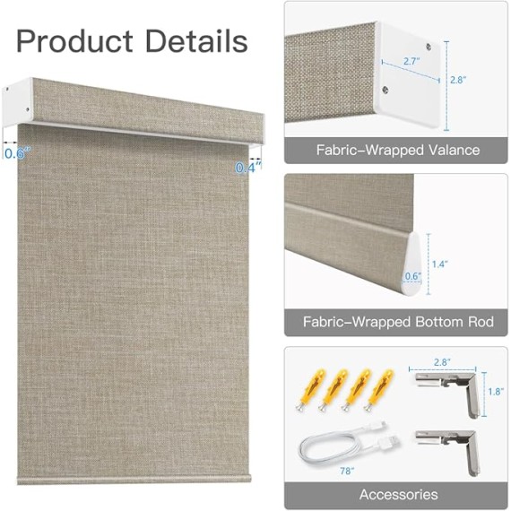 Motorized Blackout Roller Shade Fabric Covered Valance and Bottom Rod, Remote Control Electric Window Blind Compatible with Alexa Google via Hub, Custom Size (Dark Coffee - Wrapped Fabric)