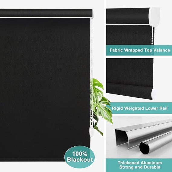 Corded Blackout Roller Shades for Indoor Windows - Thermal Insulated, Room Darkening for Bedroom, Bathroom, Office - Black