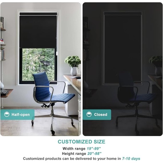 Corded Blackout Roller Shades for Indoor Windows - Thermal Insulated, Room Darkening for Bedroom, Bathroom, Office - Black
