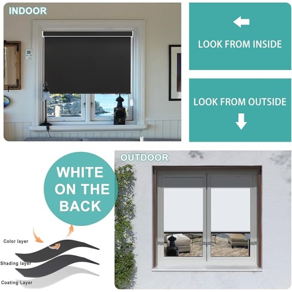 Corded Blackout Roller Shades for Indoor Windows - Thermal Insulated, Room Darkening for Bedroom, Bathroom, Office - Black