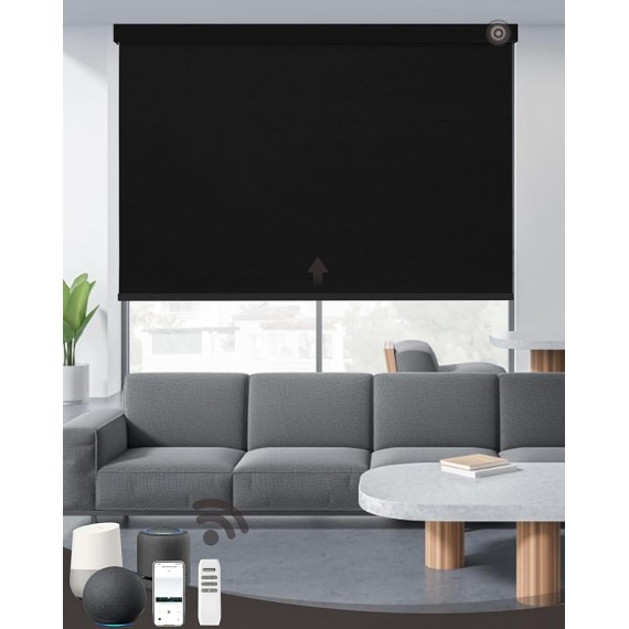 AIVIDIG Motorized Roller Shade with Remote Control, 100% Blackout Electric Blinds for Windows with Alexa Google Home via Hub, Rechargeable Smart Automatic Customized Size（Dule Side-Black）