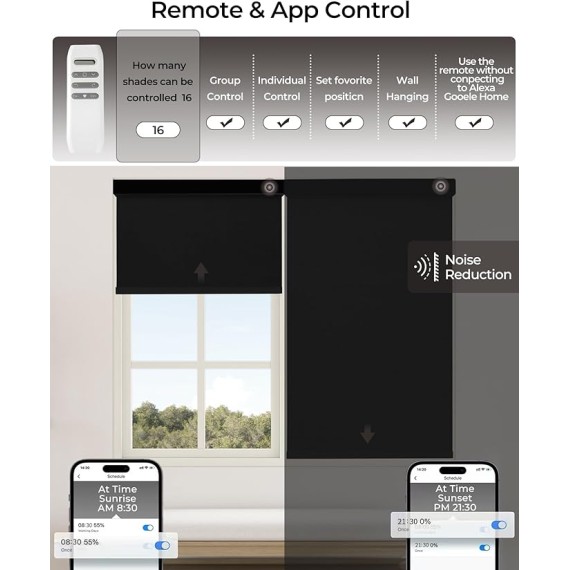 AIVIDIG Motorized Roller Shade with Remote Control, 100% Blackout Electric Blinds for Windows with Alexa Google Home via Hub, Rechargeable Smart Automatic Customized Size（Dule Side-Black）