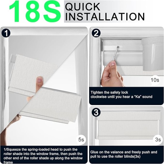 No Drill No Tools Blackout Roller Shades for Indoor Windows,Linen Fabric Cordless Roller Blinds,Thermal Insulated Window Shades,,Window Blinds for Home,Bedroom,Oyster White.53 W x 64" H