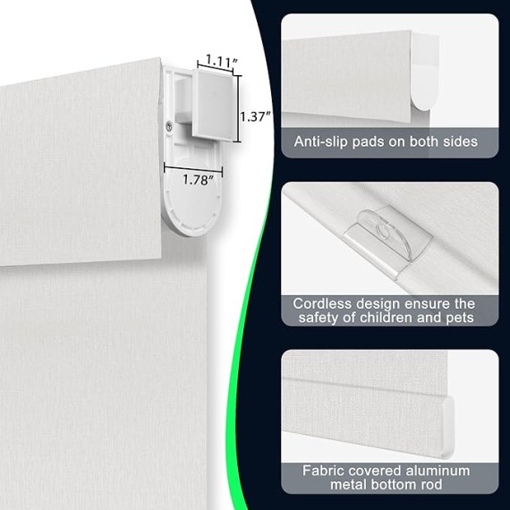 No Drill No Tools Blackout Roller Shades for Indoor Windows,Linen Fabric Cordless Roller Blinds,Thermal Insulated Window Shades,,Window Blinds for Home,Bedroom,Oyster White.53 W x 64" H