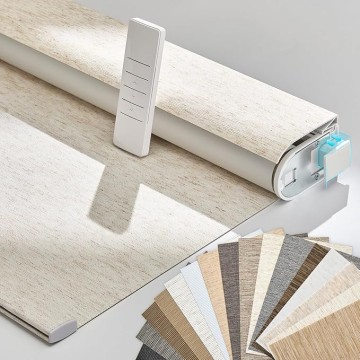 Smart Motorized Blinds with Remote, No Drill Automatic Roller Shades for Indoor Windows, Blackout Linen Fabric, Electric Blinds for Windows, Linen Cream C156BO-1, Custom Size