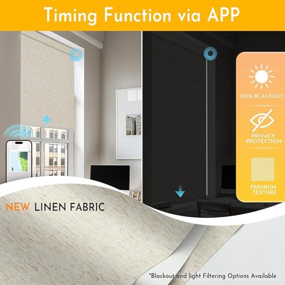 Smart Motorized Blinds with Remote, No Drill Automatic Roller Shades for Indoor Windows, Blackout Linen Fabric, Electric Blinds for Windows, Linen Cream C156BO-1, Custom Size