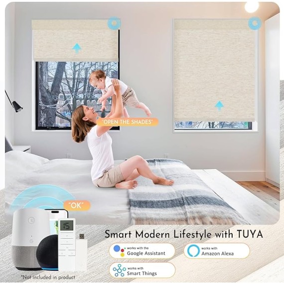 Smart Motorized Blinds with Remote, No Drill Automatic Roller Shades for Indoor Windows, Blackout Linen Fabric, Electric Blinds for Windows, Linen Cream C156BO-1, Custom Size