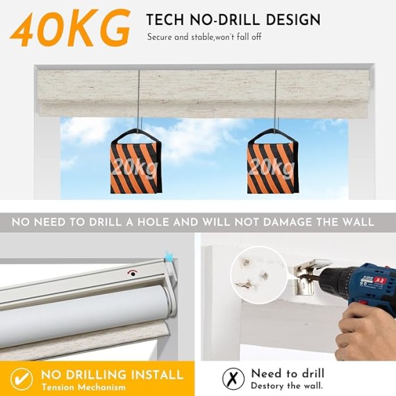 Smart Motorized Blinds with Remote, No Drill Automatic Roller Shades for Indoor Windows, Blackout Linen Fabric, Electric Blinds for Windows, Linen Cream C156BO-1, Custom Size